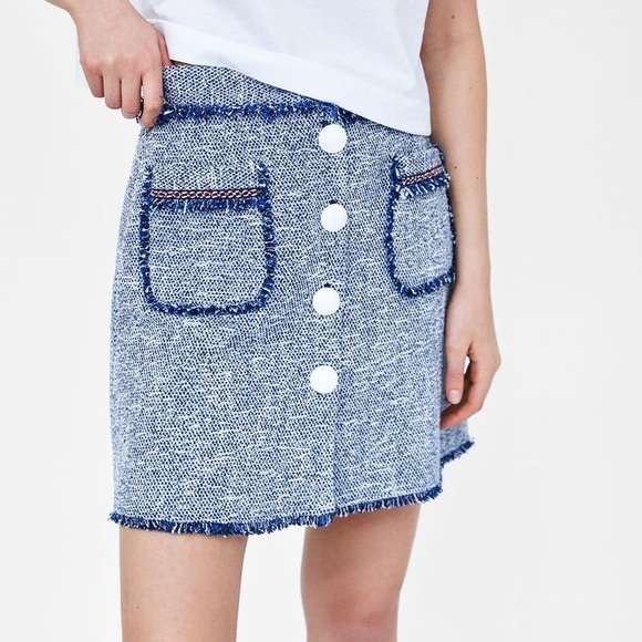 Zara Dresses & Skirts - Zara Tweed Mini Skirt Blue White Button Front Frayed Hem Size Medium NWT 💛